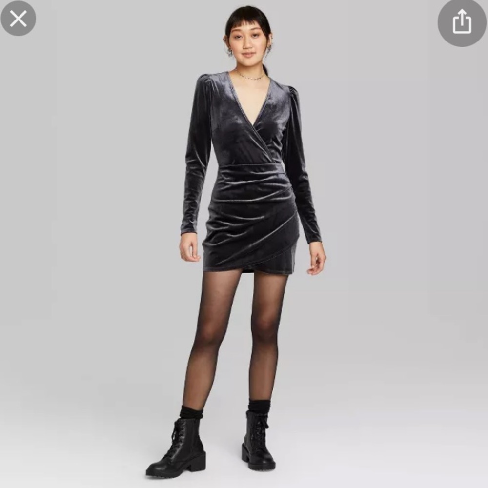 Long Sleeve V-Neck Velvet Warp Mini Dress